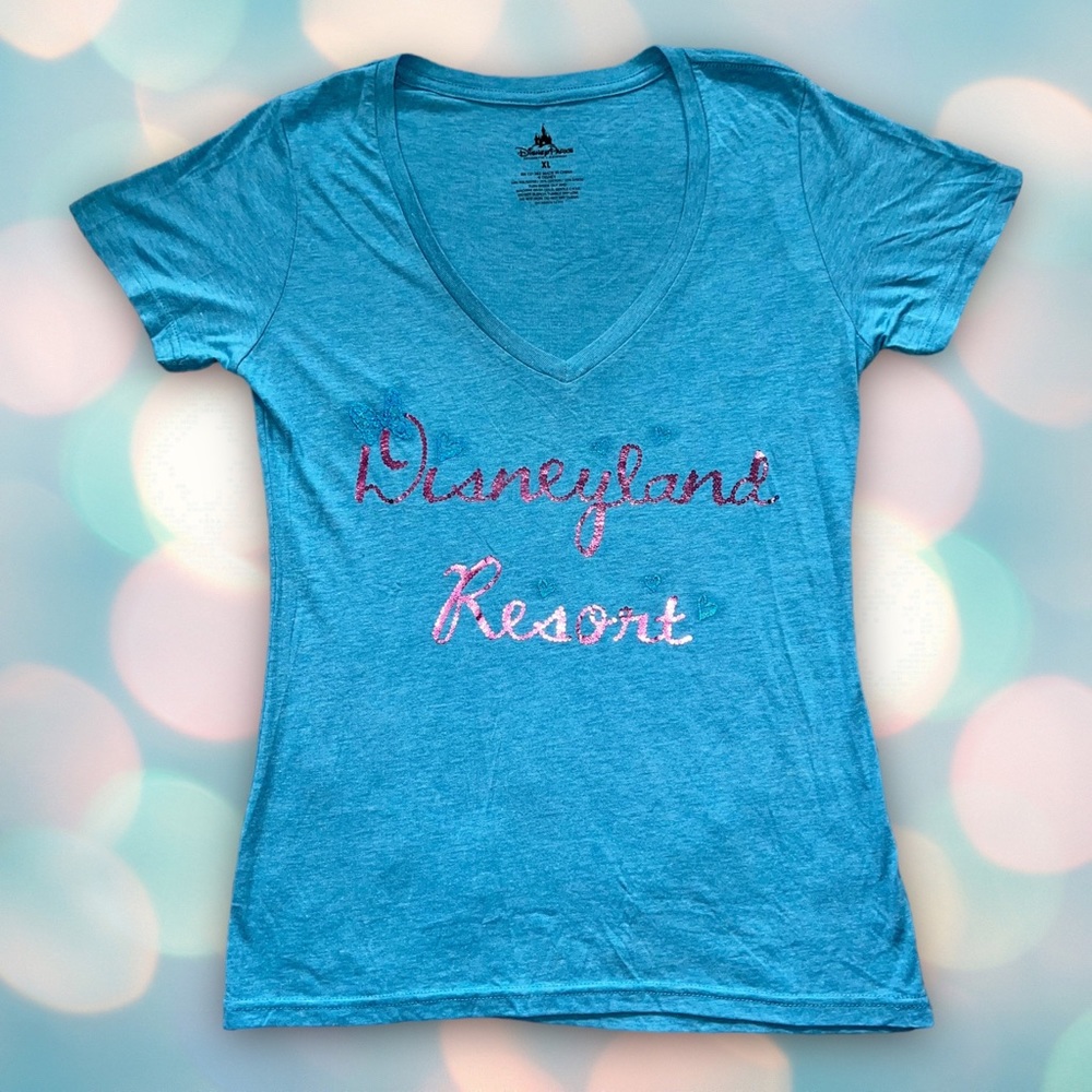 Authentic Disneyland Women’s Blue V-Neck Sequin Tee Shirt Top Size XL